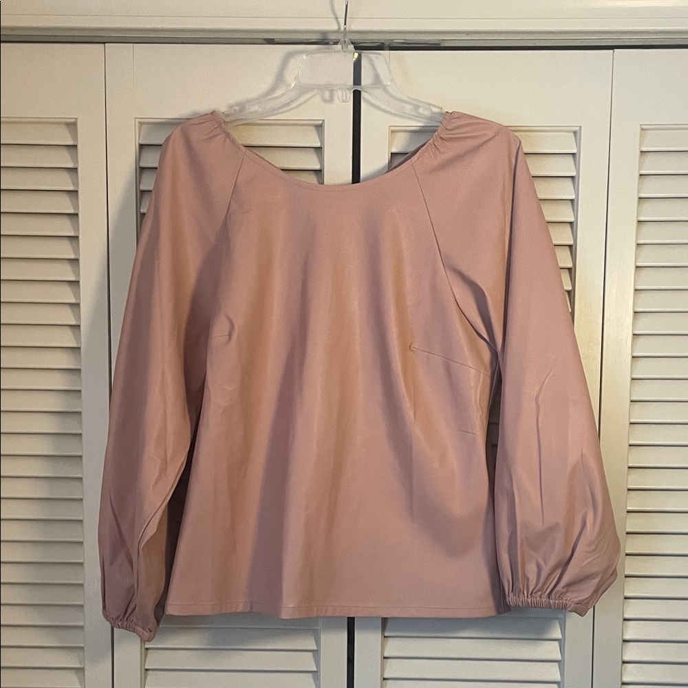 NWT J. Crew puff sleeve open back faux leather top Blush Pink Sz 12 tie back